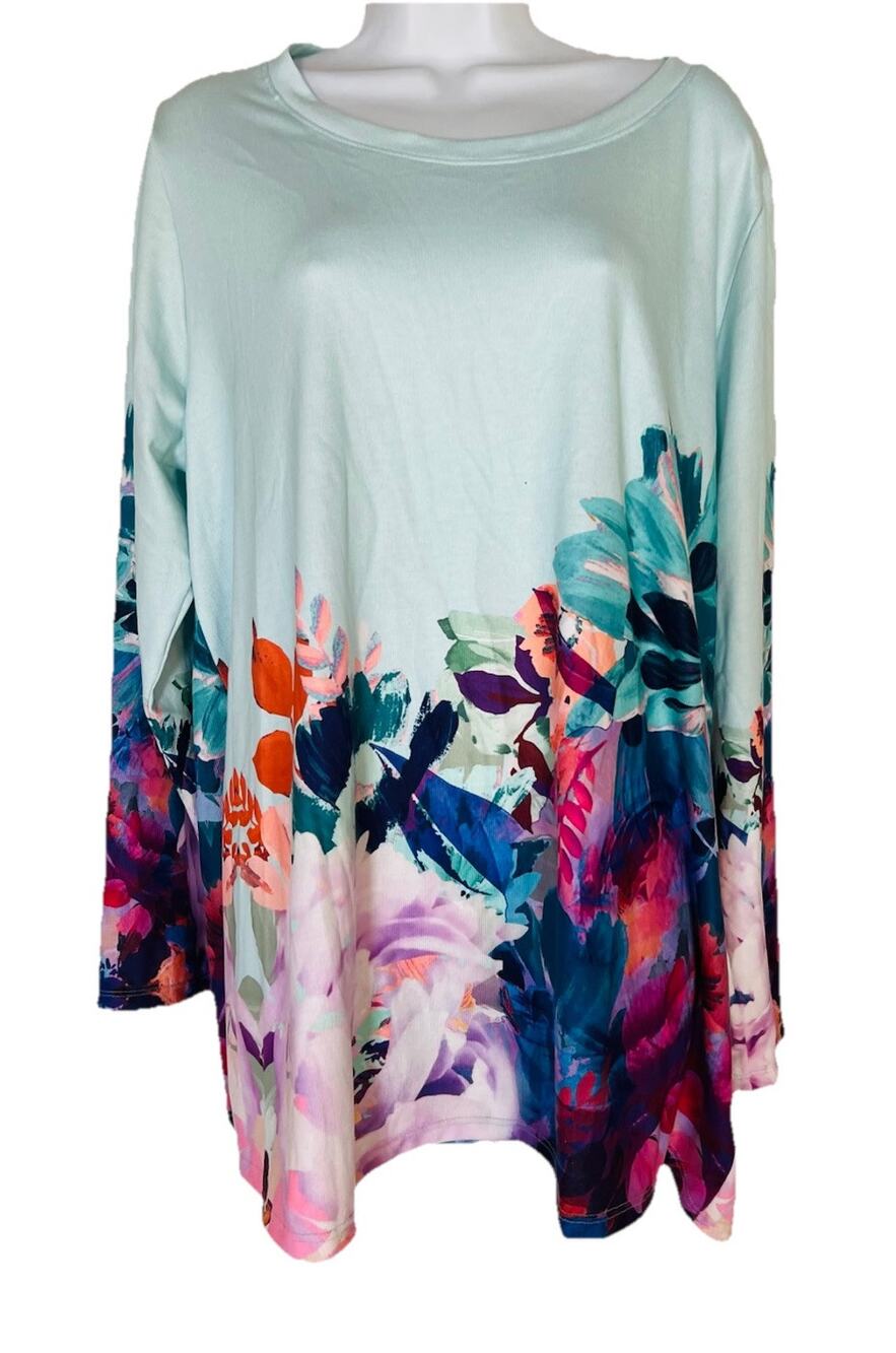 Soft Surroundings Floral Tunic Top Pasaia Aqua Stretch Long Sleeve Women’s Sz 1X